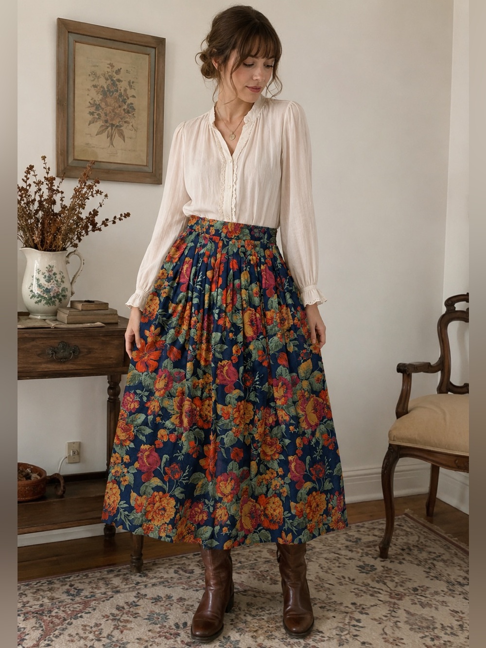 Vintage The Villager Floral Pleated Wool Blend Skirt 14 Prairie Cottagecore